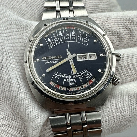 Wittnauer 2000 Stainless Steel Automatic Men's Watch W102 Blue Dial 1970s
